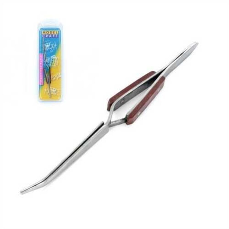 Reverse action tweezers with curved tips 