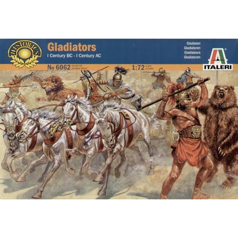 Gladiators 1st Century BC. Contains 13 Gladiators 2 lions 1 bear and 1 chariot with 4 horses Figure