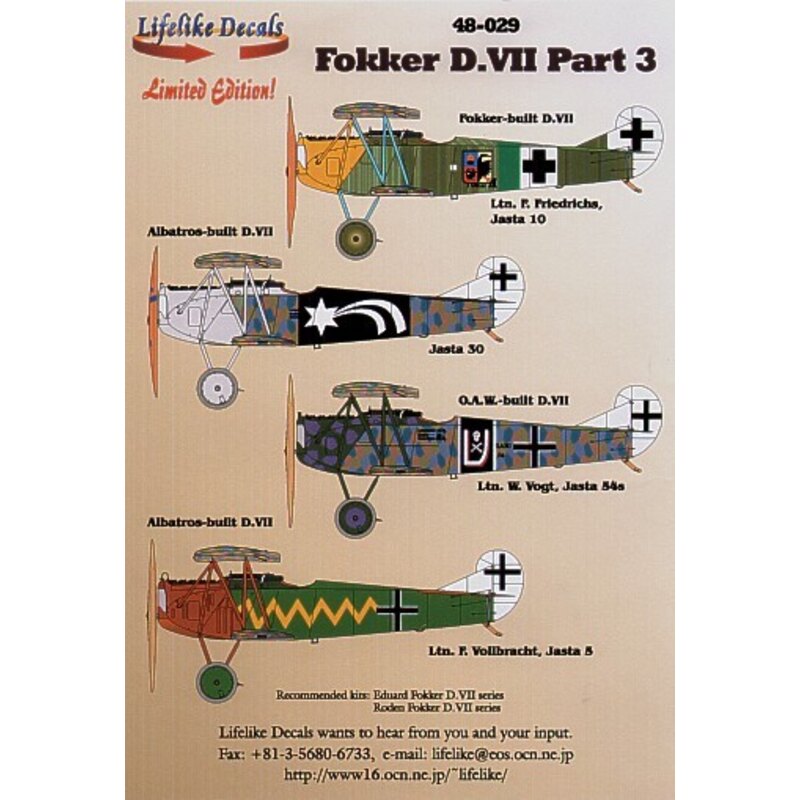 Fokker D.VII Pt 3 (4) Jasta 10 Lt Fritz Friedrichs yellow nose Jasta 30 Jasta 54 Lt Walter Vogt Jasta 5 Lt Friedrich Vollbracht 