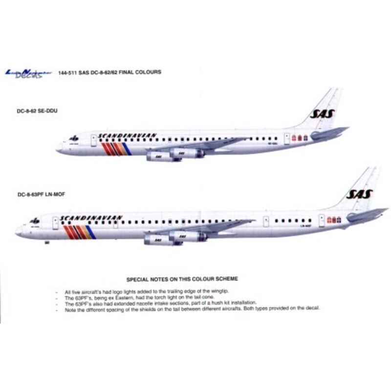 Douglas DC-8-62/63 SAS Final colours. Only 5 painted in this scheme and all registrations are included