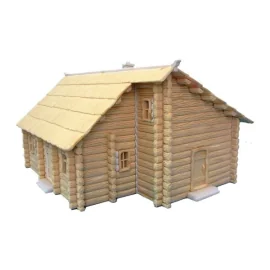 Two storey Log house with thatch roof. Prepainted