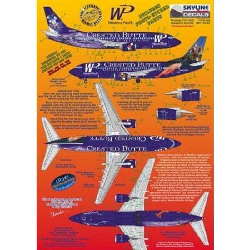 Boeing 737-300 WP Western Pacific N953WP Crested Butte includes photo etch parts. Designed to fit Skyline kit SKY4403A