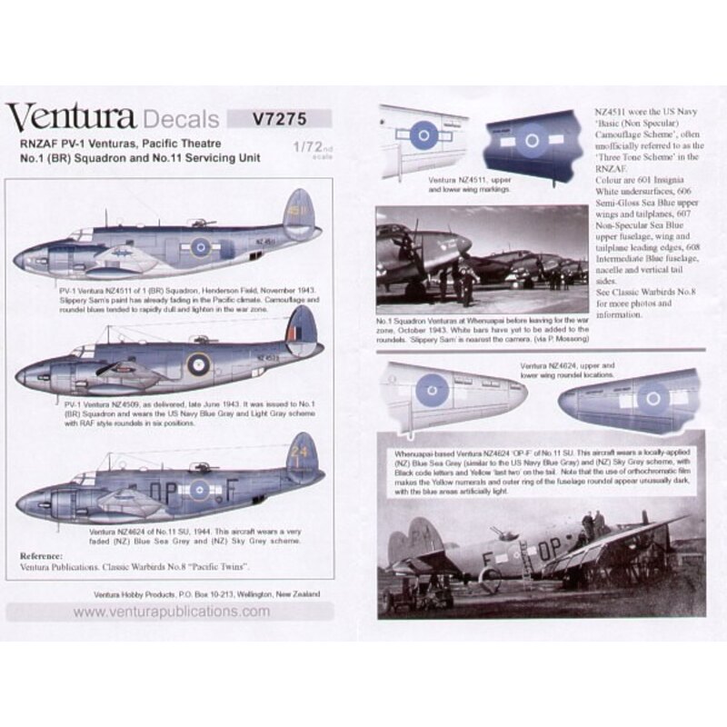 RNZAF PV-1 Venturas Pacific Theatre No.1 (BR) Squadron and No.11 Servicing Unit - three options NZ4509 based in New Zealand late