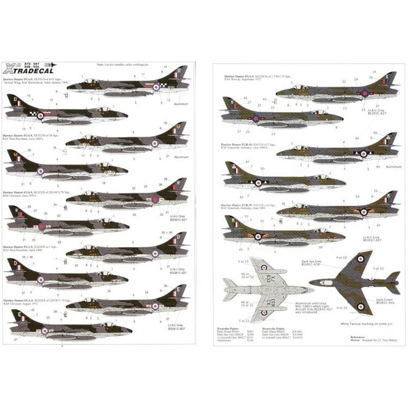 Hawker Hunter FGA.9/FR.10 (7 Squadrons 3 a/c) XE552/M 54 Squadron D/8/43 Squadrons R/229OCU/79 Squadron all r/w/b roundels XG228