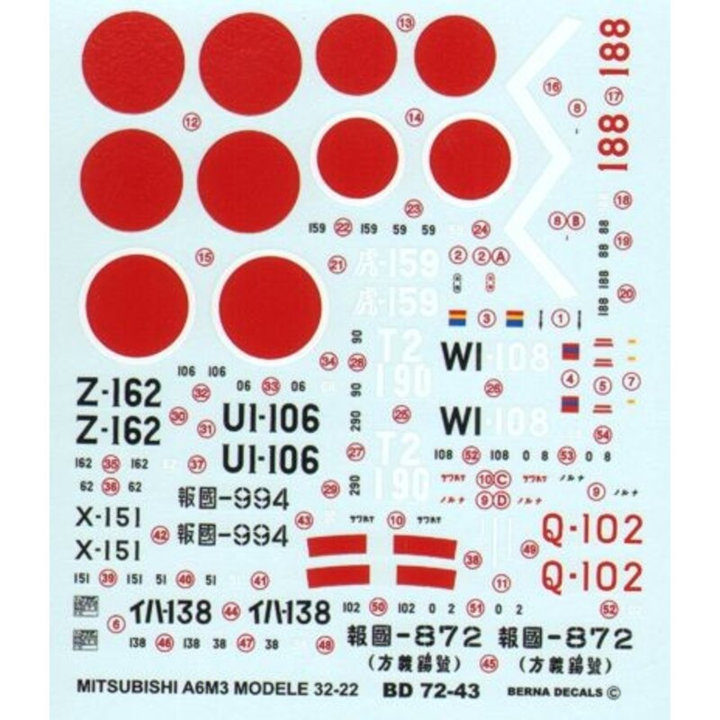 Mitsubishi ZERO A6M3 Model 22-32: 2 Kokutai (Q-102) 1942, Kiyoshi (X-151) 1942, 582 Kokutai (188) 07/04/1943, 204 Kokutai (T2-19