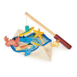 Mentari Bambino: FISHING GAME 27.5x9x5.5cm, with wooden fishing rod and 7 magnetic sea creatures, in a zipped case with v-shaped