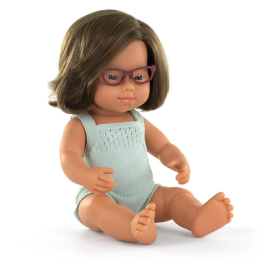 ML Dolls: EUROPEAN GIRL DOLL with DOWN SYNDROME and GLASSES 38cm, with turquoise romper, vanilla scent, raincoat, sexed doll, in