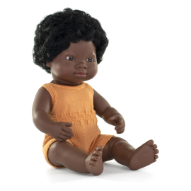 ML Dolls: AFRICAN GIRL DOLL 38cm, with orange romper, vanilla scent, raincoat, gendered doll, in resin, in gift box. Made in Spa