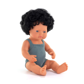 ML Dolls: EUROPEAN BOY DOLL with CURLY BLACK HAIR 38cm, with ocher romper, vanilla scent, raincoat, sexed doll, in resin, in b 