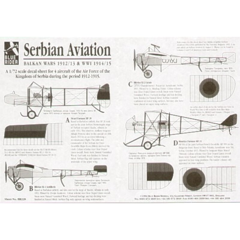 Serbian Aviation 1912-15 (4) Henri Farman HF 20 Bleriot XI-2 Artillerie Bleriot XI-2 Genie Maurice Farman MF.11