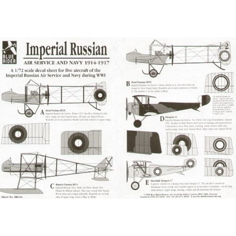 Imperial Russian Air Service and Navy 1914-17 (5) Henri Farman HF20 x 2 Maurice Farman MF11 Nieuport 12 Nieuport 17