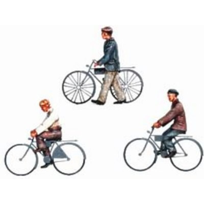 3 x Dockyard workers with bicycles. 2 riding and one walking. Set II