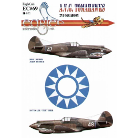 Decals Curtiss P-40B AVG Tomahawk 2nd Squadron Blue fuselage bands (2) White 47 Bob Layher White 48 Tex Hill. Both with shark mo