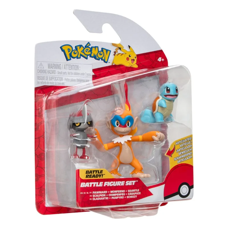 Pokémon pack 3 figures Battle Figure Set Scalpion, Squirtle 1, Chimpenfeu 5 cm