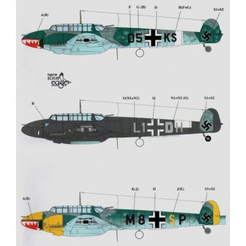 Messerschmitt Bf 110C/D Pt 3 (3) D5+KS 8./NJG 3 shark mouth M8+SP 6./ZG76 shark mouth yellow nose engine nacelles rudders. Both 