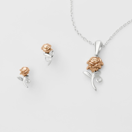 BEAUTY & THE BEAST - Pink - Silver Necklace + Stud Earrings Set