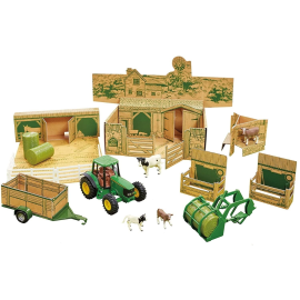 My farm box with JOHN DEERE tractor accessories and cardboard box animals to assemble