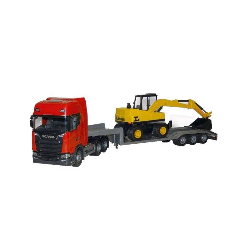 SCANIA S 6x4 red with 3-axle machine carrier and LANNEN excavator Die-cast 