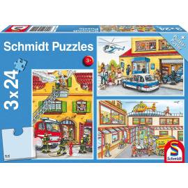 3 Puzzles 24 Pieces Firefighters and Policemen with poster 