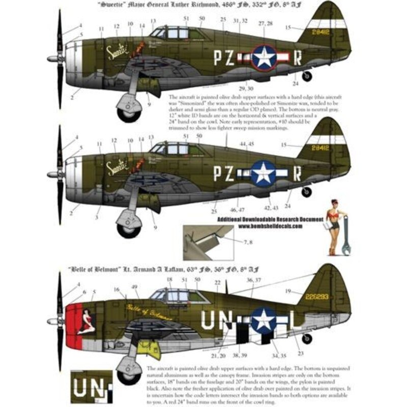 Republic P-47D Thunderbolt Razorback (3) 28412 PZ-R 486th FS/352nd FG Maj General Luther Richmond ′Sweetie′ two versions; 226293