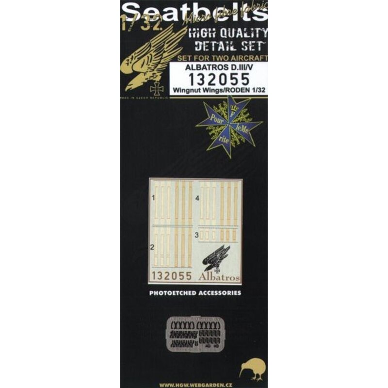 Albatros D.Va seat belts. 2 sets of fabric belts with etched buckles (for Roden and Wingnut Wings kits) (was originally HGW32006