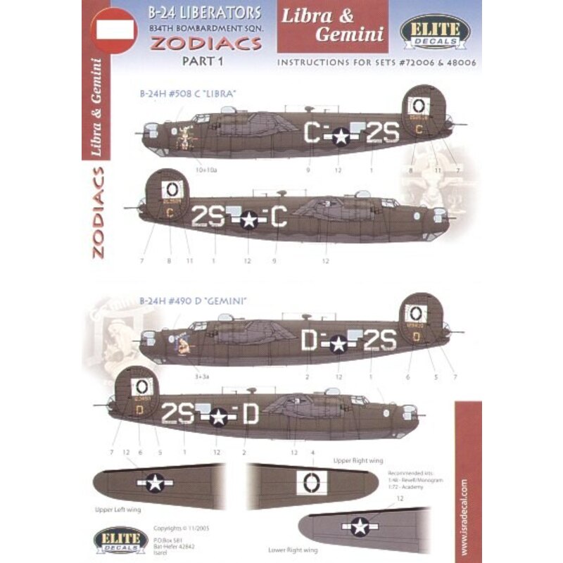 Consolidated B-24H 834 BS `Zodiacs′ Part 1. (2) 42-52508 2S-C `Libra′ 41-29490 2S-D `Gemini′ Nose art specially printed. Both OD