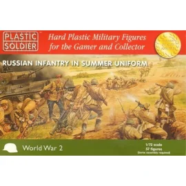 Russian (WWII) infantry in summer uniform. 57 hard plastic figures. Including 6 junior officers/NCOs, riflemen/SMGs and 6 light 