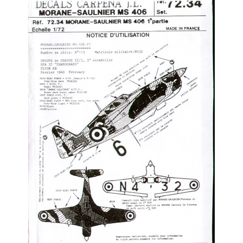 Morane-Saulnier MS.406 #1 (5) No113/N432 GC II/3 1940; No289/N701 GC II/2 1939; No599/L538 CFS 6 1940; No59/N370 GC I/7 Algeria 