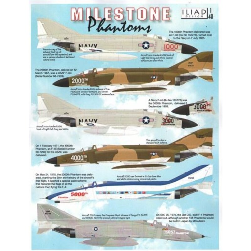 Milestone Phantoms (6) F-4B 152276 1000th 7/7/65; F-4D 66-7533 2000th 12/3/67; F-4J 155772 3000th 5/9/68; F-4E 69-7294 4000th 1/