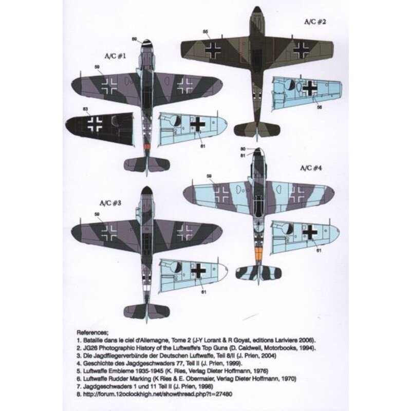 Messerschmitt BF 109 Py 4 (5) Bf 109E-3 Black A JG26 Oblt Hassemann; Bf 109G-2 Trop Black &lt;&lt; 1/JG77 Hptm Heinz Bar; Bf 109