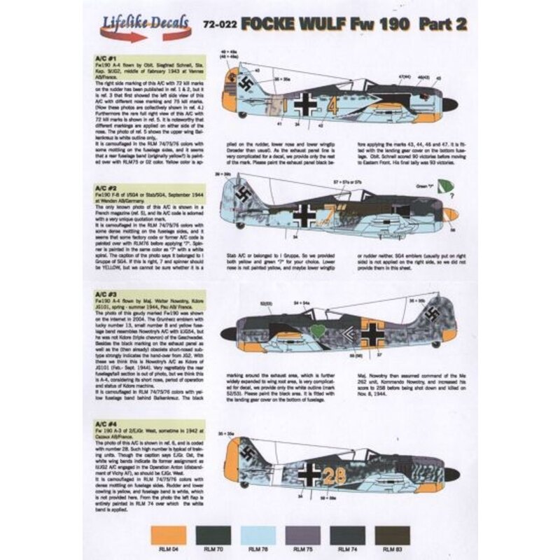 Focke Wulf Fw 190 Pt 2 (4) Fw 190A-3 Yellow 28 2/EJGr.West; Fw 190A-4 Yellow 4+I 9/JG2 Oblt Schnell; Black &lt;&lt; Maj Walter N