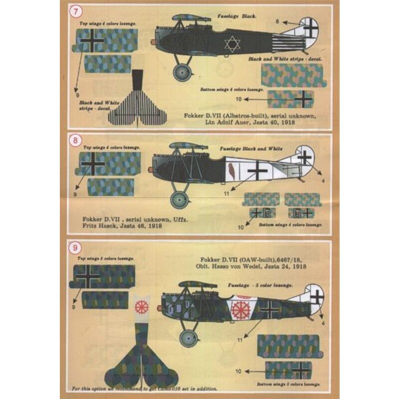Fokker D.VII Pt 1 (12) Jasta 65 with group of igures on fuselage; Jasta 6 with black.white stripes on nose and tail; Jasta 10 ye