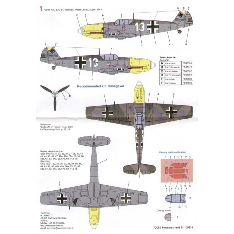 Messerschmitt Bf 109E-4 (4) White 13 3/JG 51 Oblt Walter Oesau yellow nose 8/1940; Black &lt; Stab II/JG 3 Oblt Franz von Werra 