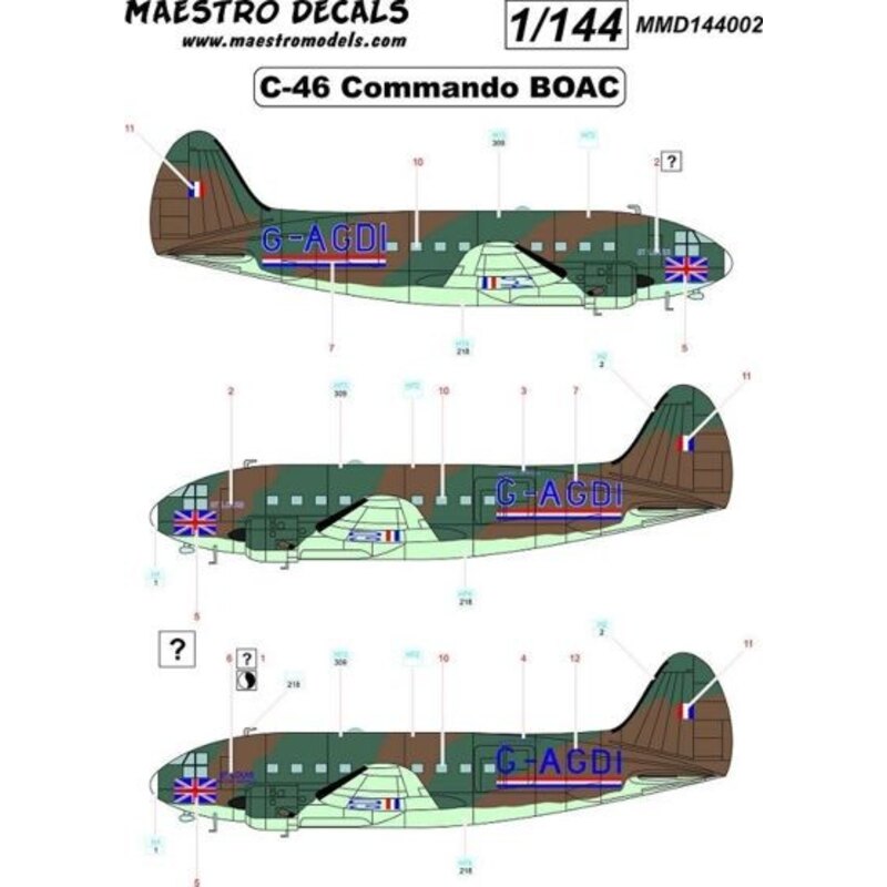 Curtiss C-46 Commando decals BOAC. One C-46 served in the UK. It was repainted at some stage so there are two different kinds of