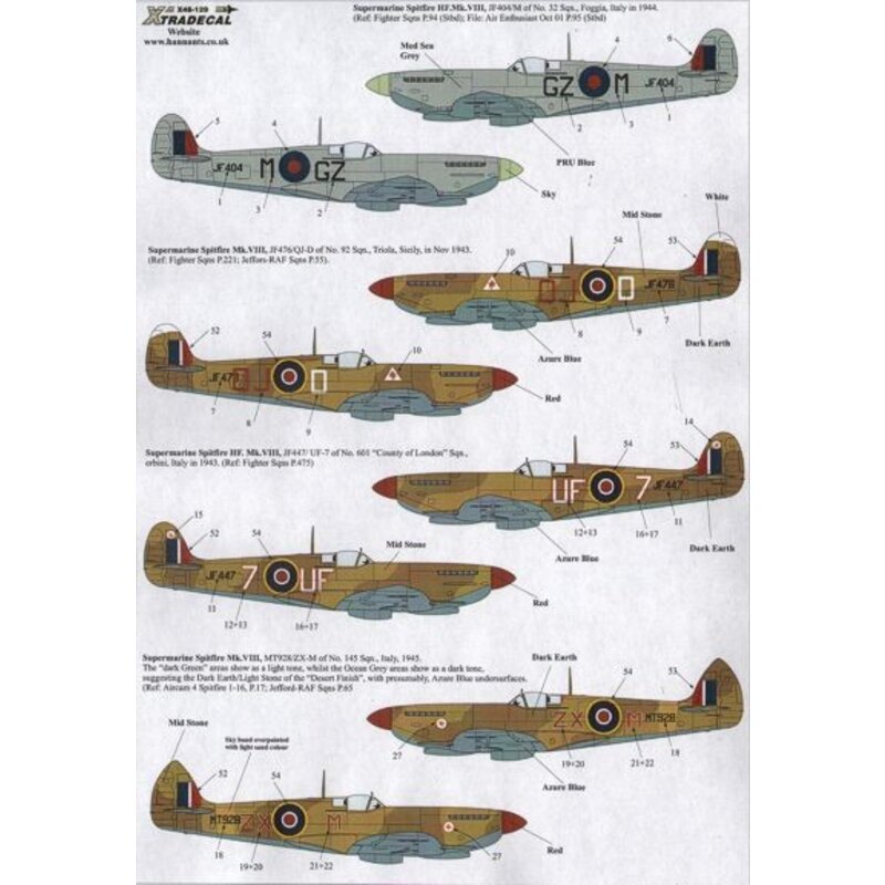 Supermarine Spitfire Mk.VIII (8) JF404 GZ-M 32 Sqn Italy 1944 JF476 QL-D 92 Sqn Sicily JF447 1943 UF-7601 County of