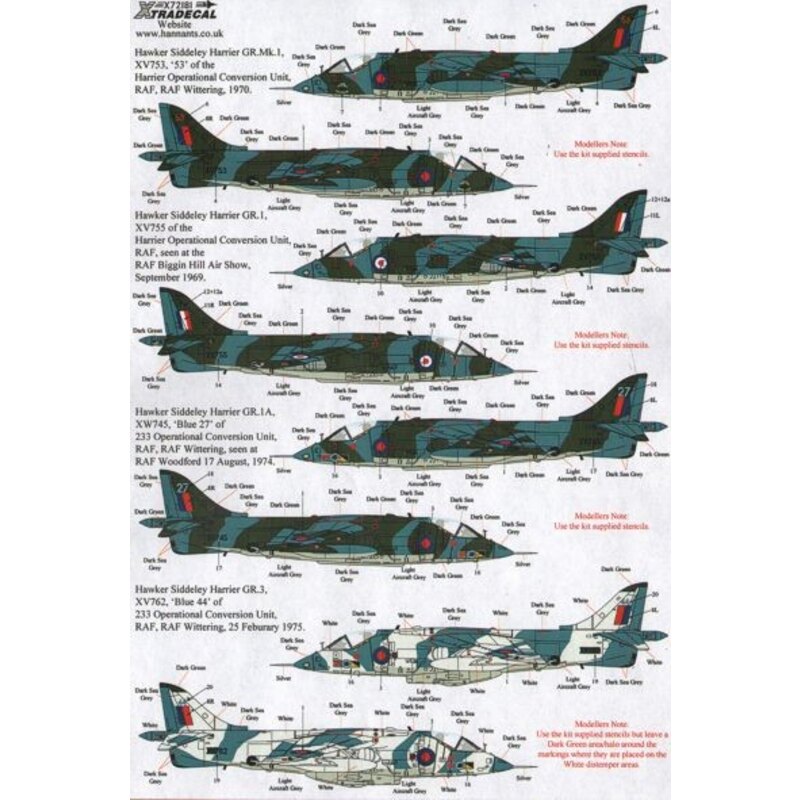 BAe Harrier GR.1 (10) XV753/53 OCU Wittering 1970; XV75 OCU at Biggin Hill Air Show 1969; XW745/27 233 OCU Wittering 1974; V762/