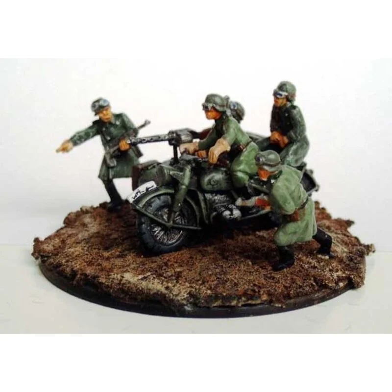 German Motorcycles with side cars WWII. 3 bikes 9 riders and 6 standing figures. (ex HAT99010)