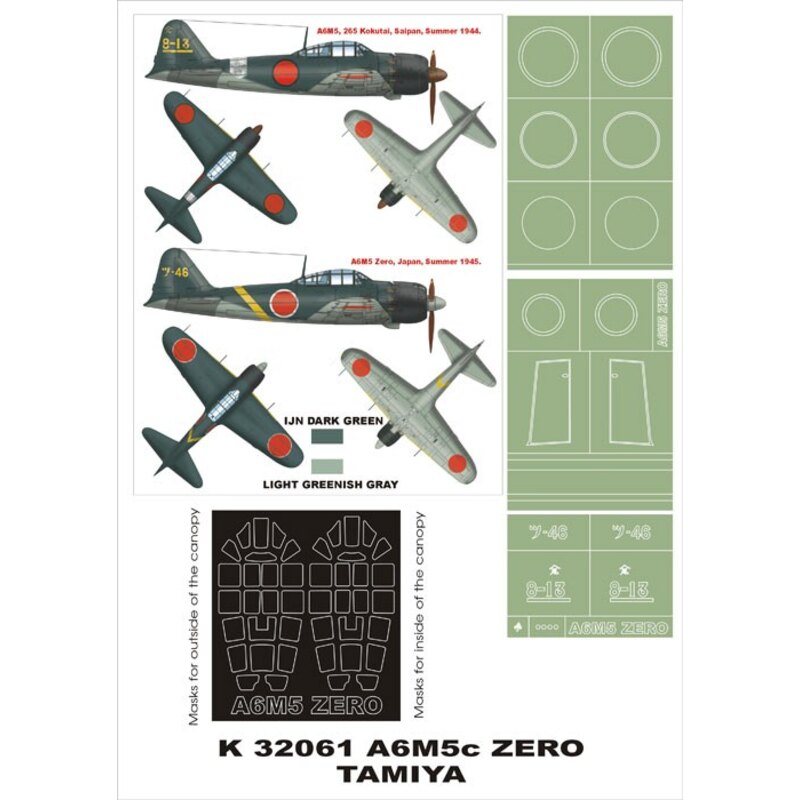 Mitsubishi A6M5 Zero Type 52 Zeke 2 canopy mask (exterior and interior) + 3 insignia masks (designed to Be Farming with Tamiya k