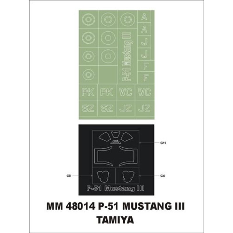 North American P-51 Mustang Mk.III 1 canopy masks (exterior) + 1 insignia masks (designed to Be Farming with Tamiya kits)