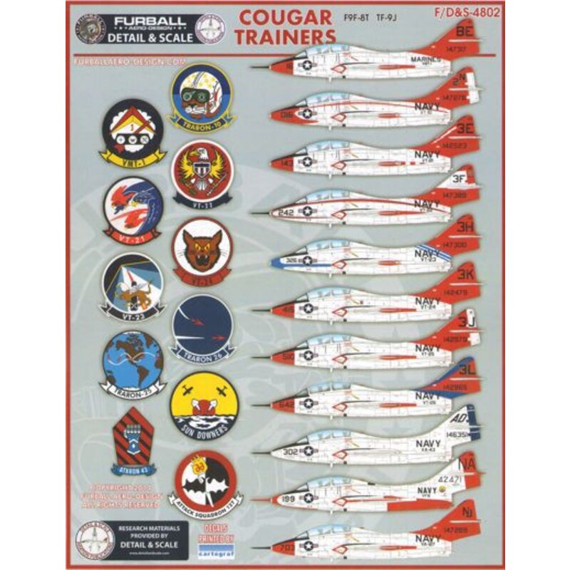 Colorful Cougar Trainers features markings for 11 F9F-8T/TF-9J aircraft all in 1/48 scale. Enough stencils and data are included