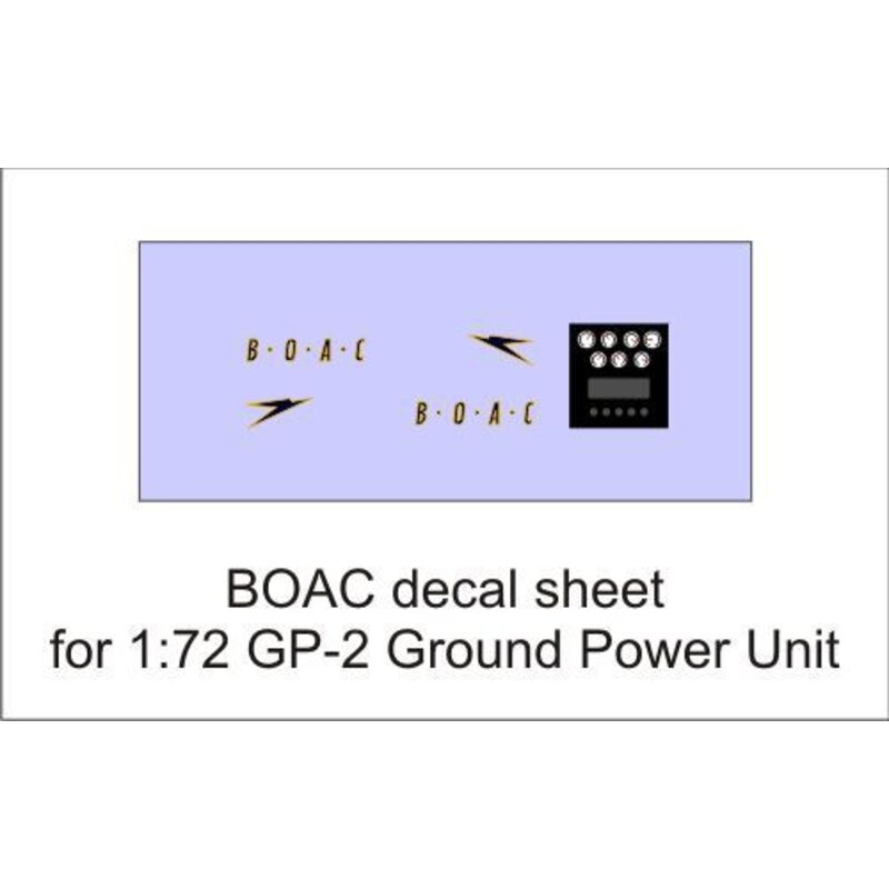 BOAC decal sheet for 1:72 GP-2 Ground Power Unit. For more information on this product, please click on the link to go to the Ai