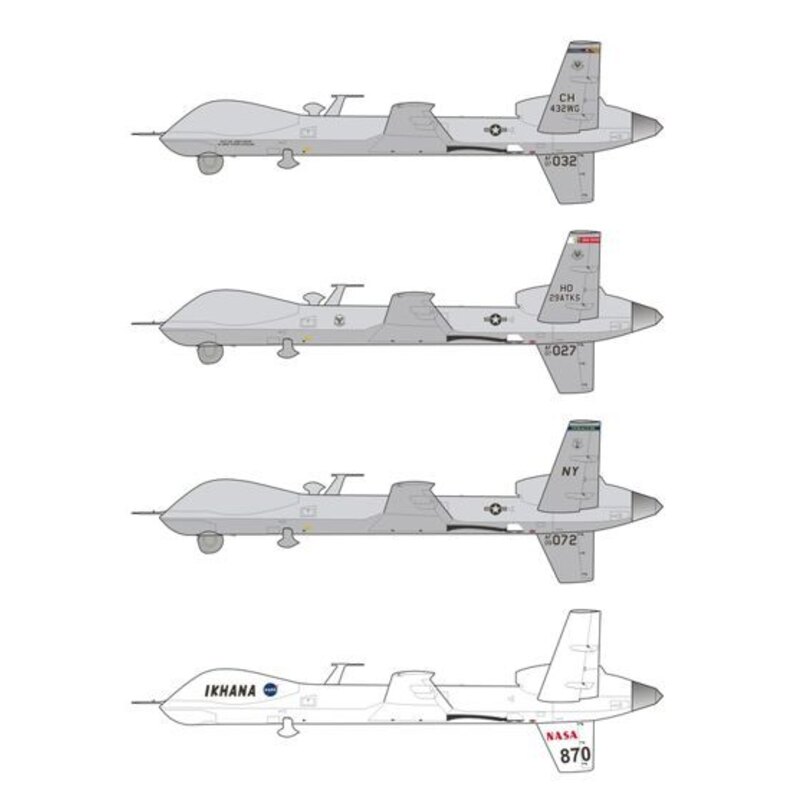 MQ-9 Return of the Reaper Eight marking options for the MQ-9 Reaper unmanned aerial vehicle, including Royal Air Force, French a