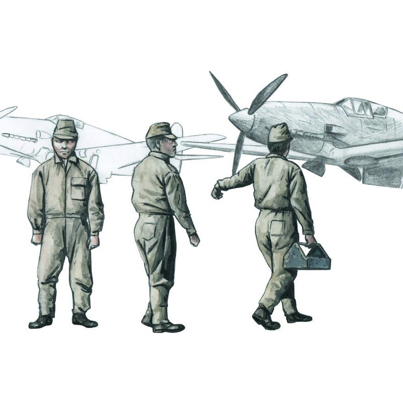 Japanese Army AF Mechanics, WWII (3 fig.) 1/72 A set of three Japanese aircraft mechanics from the WWII period. One of the figur