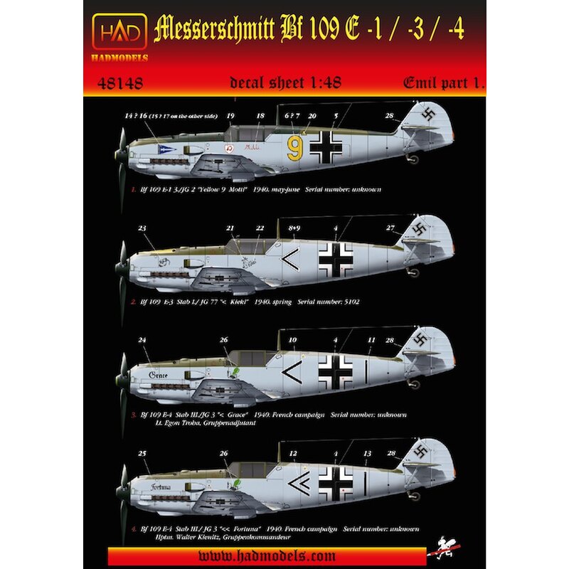 Messerschmitt Bf 109E-1/Bf 109E-3/Bf 109E-4 (Kieki, Grace, Fortuna, Motti)