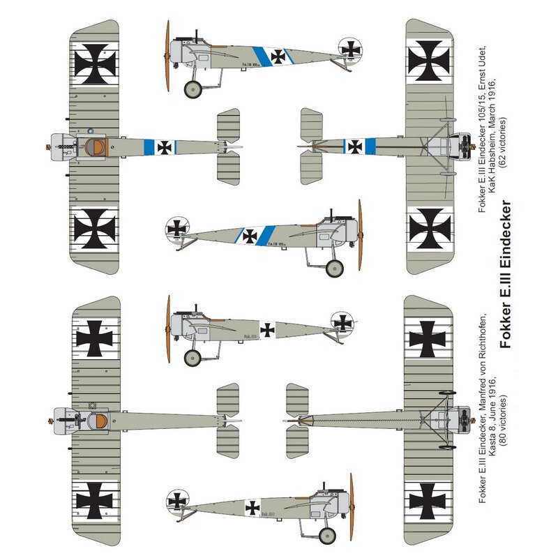 Fokker E.III Eindecker (2in1) kit includes two identical sprues with parts, 2 x resin engines and two frets with p/e parts.