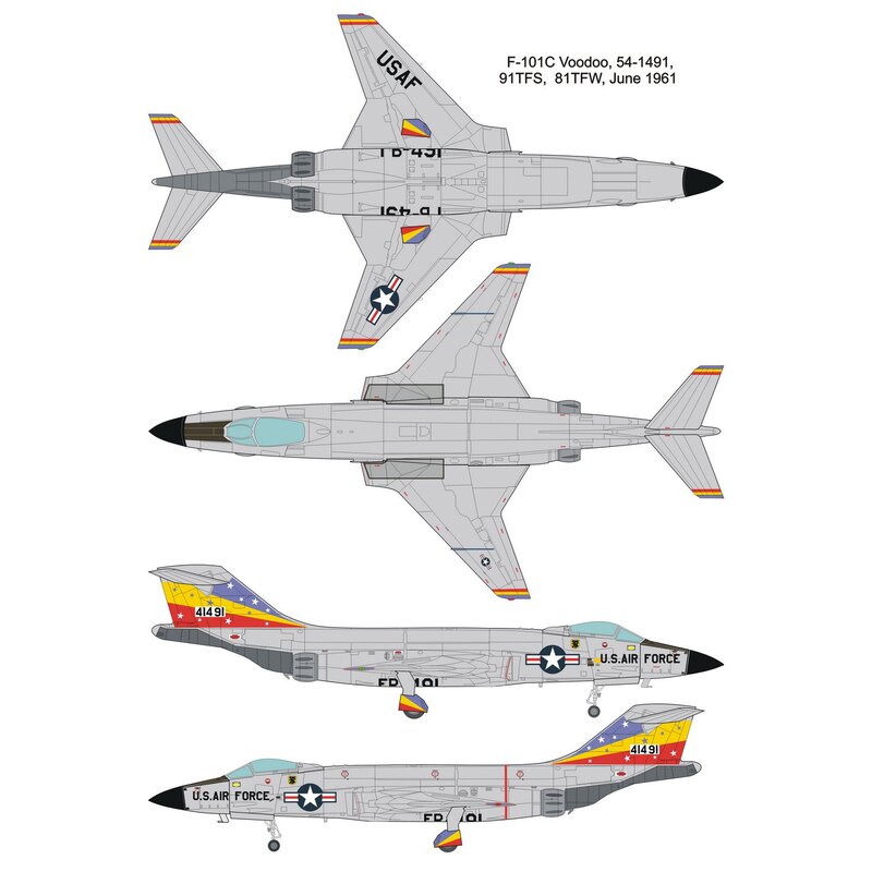 McDonnell F-101C Voodoo with 2 decal options:1. 54-1491, 81stTFW, USAF2. 56-0006, 78th TFS, 81st TFW, USAFThe kit includes three