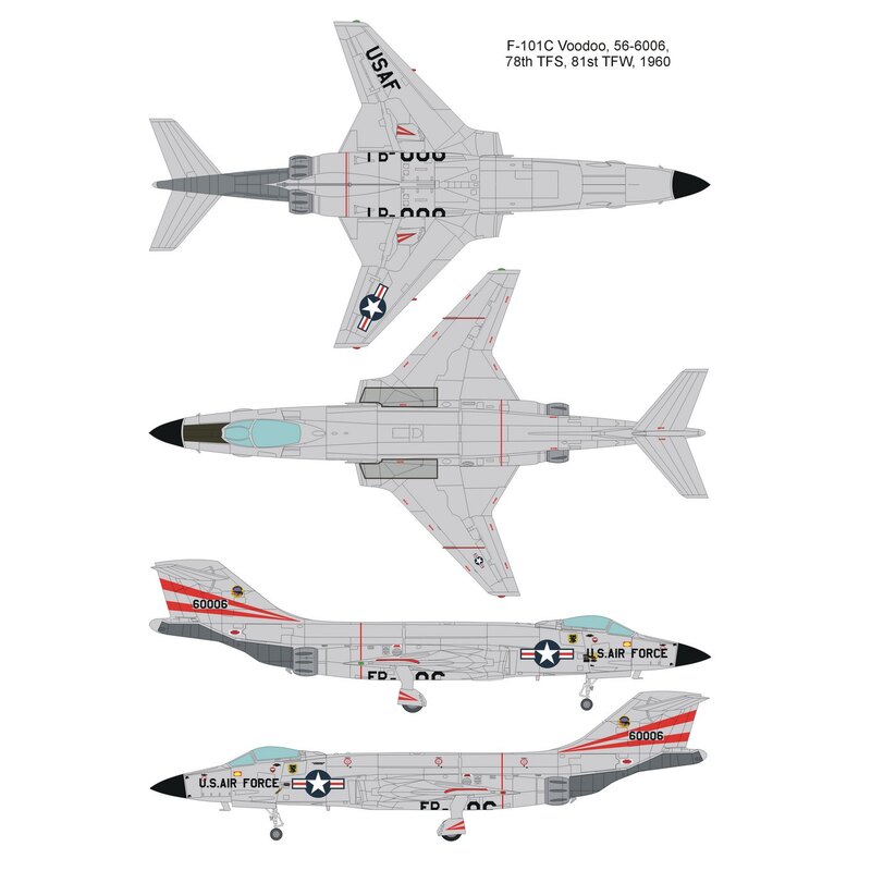 McDonnell F-101C Voodoo with 2 decal options:1. 54-1491, 81stTFW, USAF2. 56-0006, 78th TFS, 81st TFW, USAFThe kit includes three