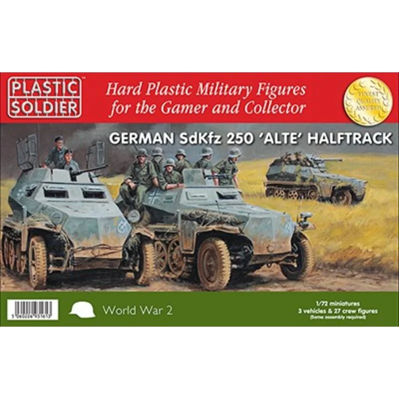 German Sd.Kfz.250 alte Halftrack with Variants Kit. This kit contains 3 x 250 Halftrack and 27 crew figures. Each sprue has opti