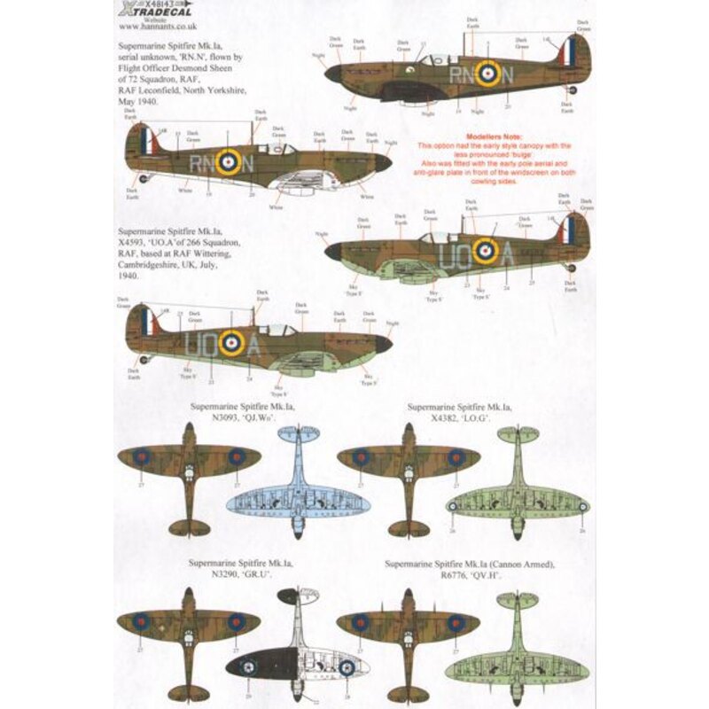 Supermarine Spitfire Mk.Ia Battle of Britain 1940 Pt.1 (6)R6776 QV-H 19 Sqn Ft/Sgt George Unwin RAF Fowlmere - Unknown serial R