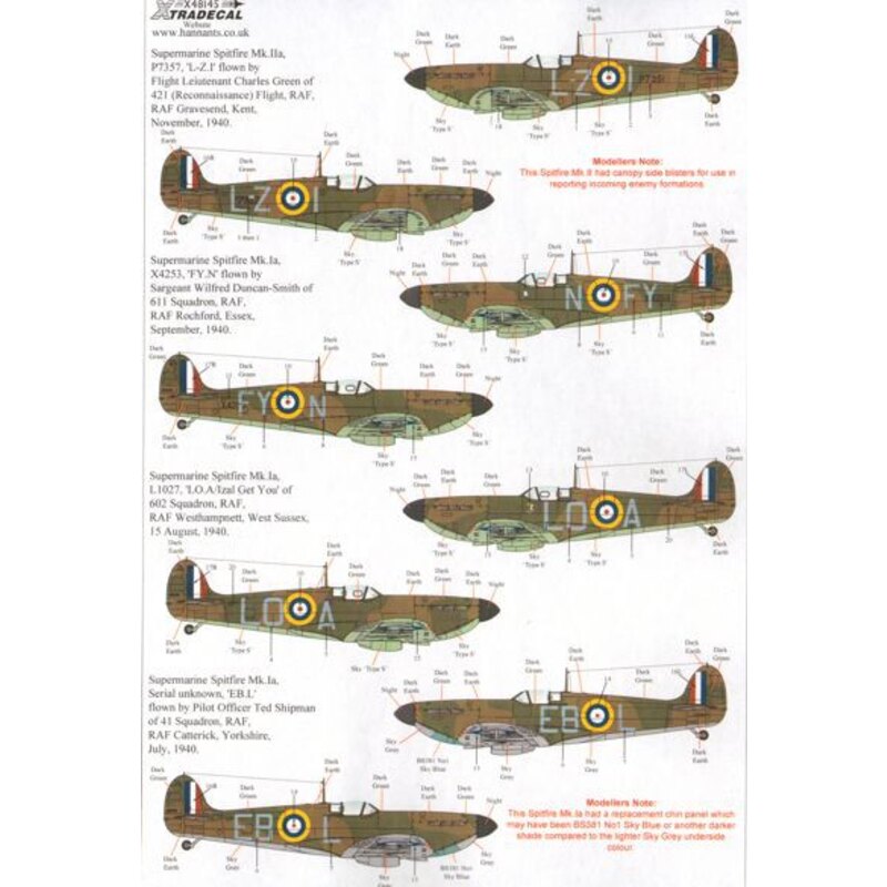 Supermarine Spitfire Mk.Ia Battle of Britain 1940 Pt.2 1940 Battle of Britain (4) Unknown EB-L 41 Sqn P/O Ted Shipman RAF Catter